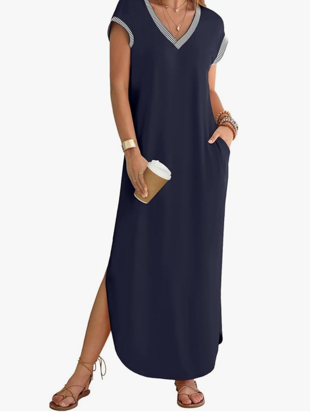 Classic Navy V-Neck Maxi Dress with Contrast Trim